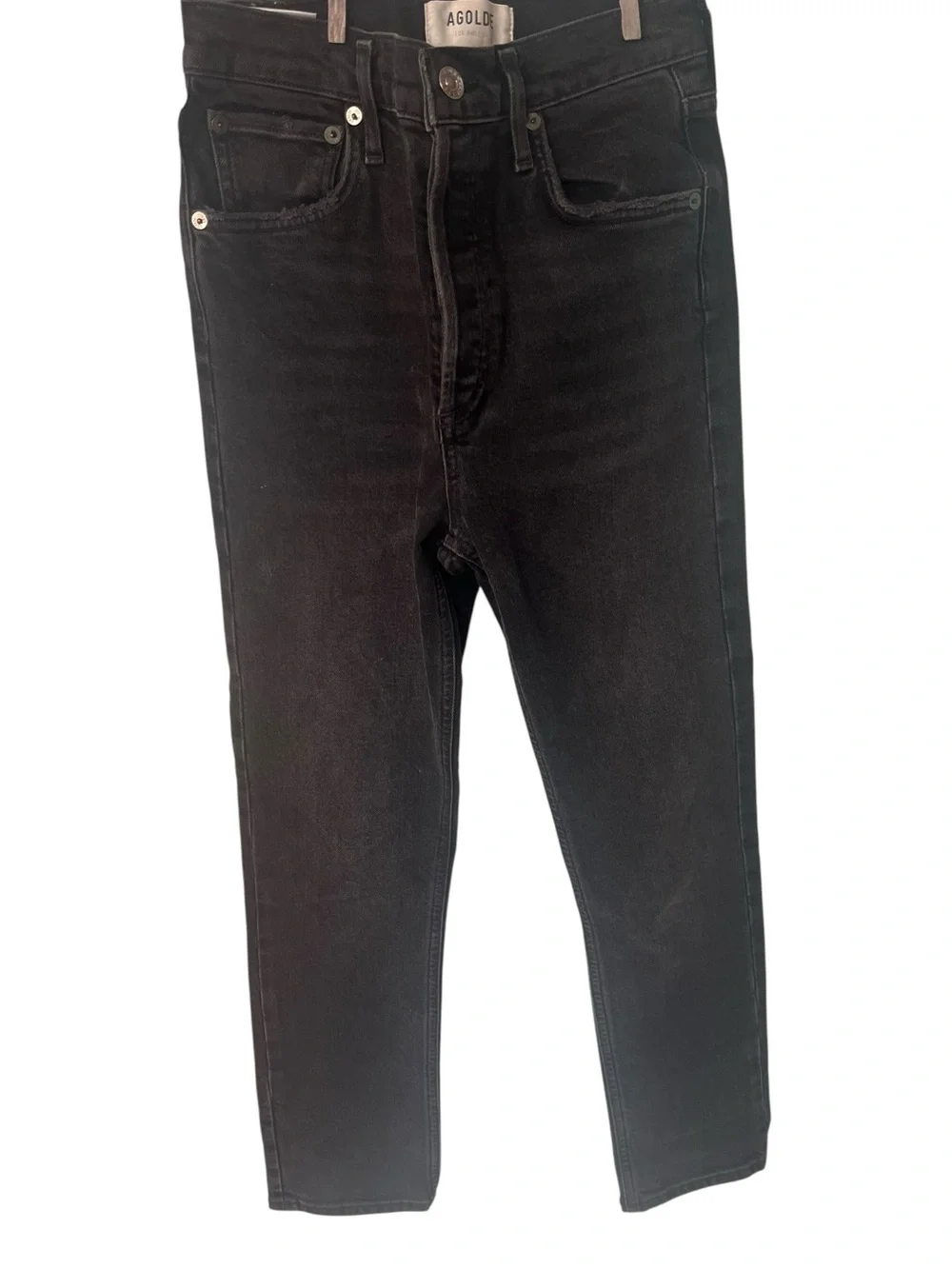 AGOLDE Riley Black High Rise Straight Crop Distressed Button Fly Jeans Size 24 - Picture 2 of 9